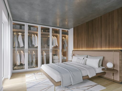 Chambre moderne avec lit central, placard vitré et décor en bois.