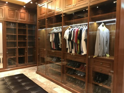 Dressing room en bois avec vêtements sur cintres et étagères transparentes.